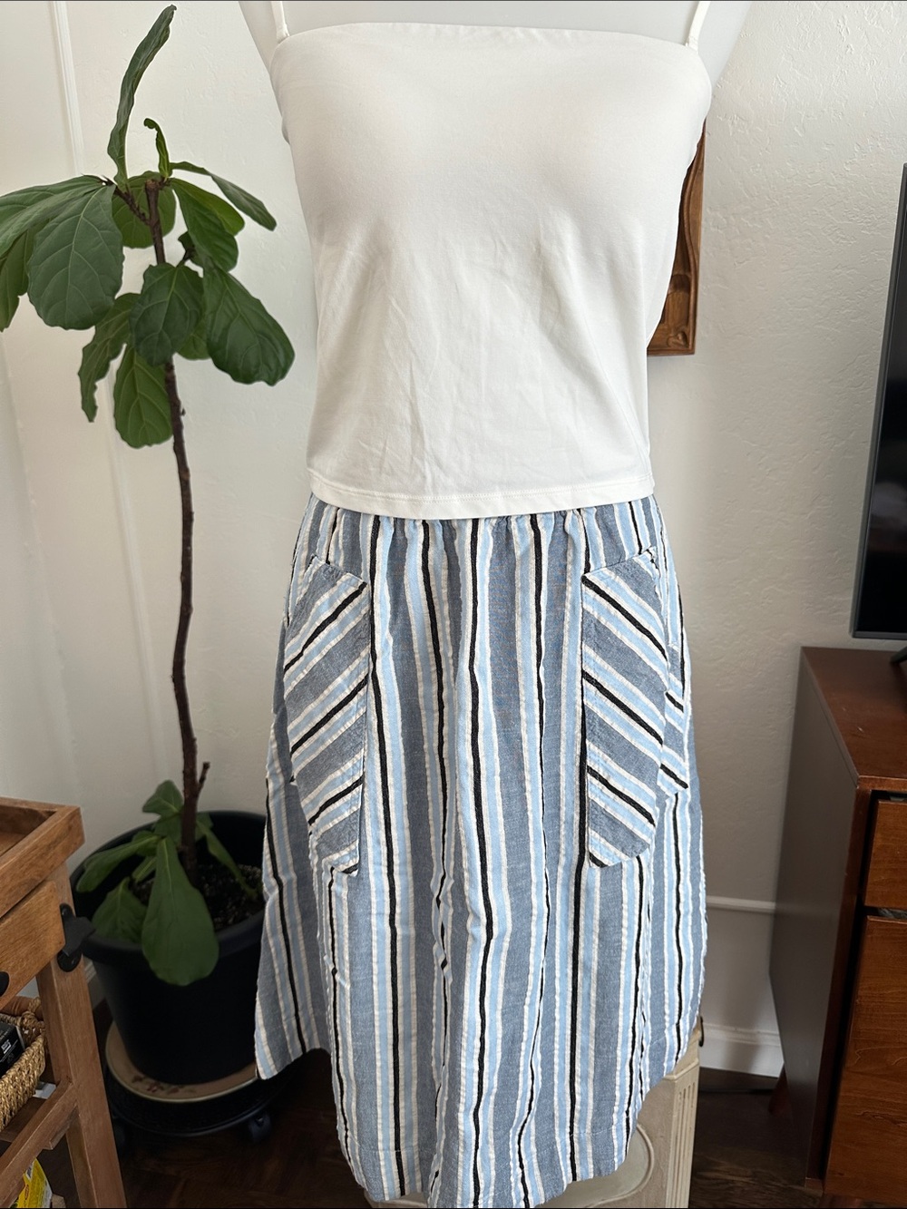Anthropologie Blue & White Striped Midi Skirt with Front Pockets